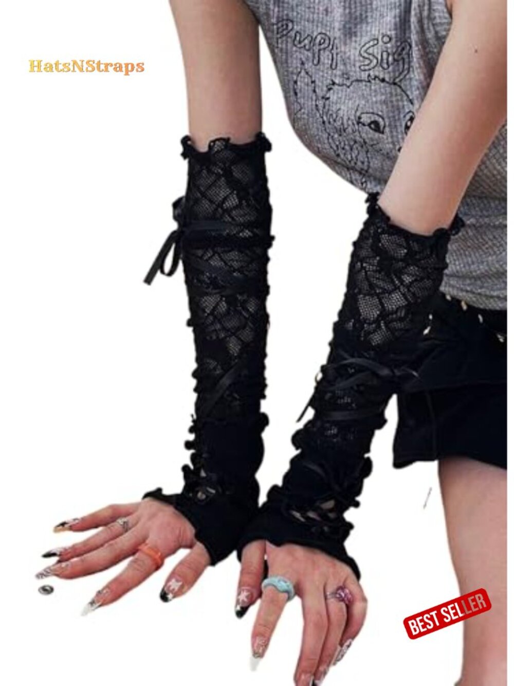 Lace Fingerless Gloves Long Mesh Lolita Gothic Tulle Tie-Up Ballet